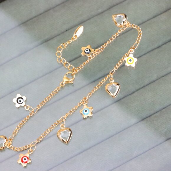 "Evil Eye Flower & Heart Charm Rose Gold Anklet, XPAL1190 - Picture 1 of 12